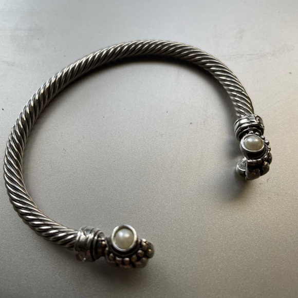 Twisted Cable Cuff Faux Pearl Bracelet Silver Tone, Rhinestones / Faux Pearls - Picture 8 of 10